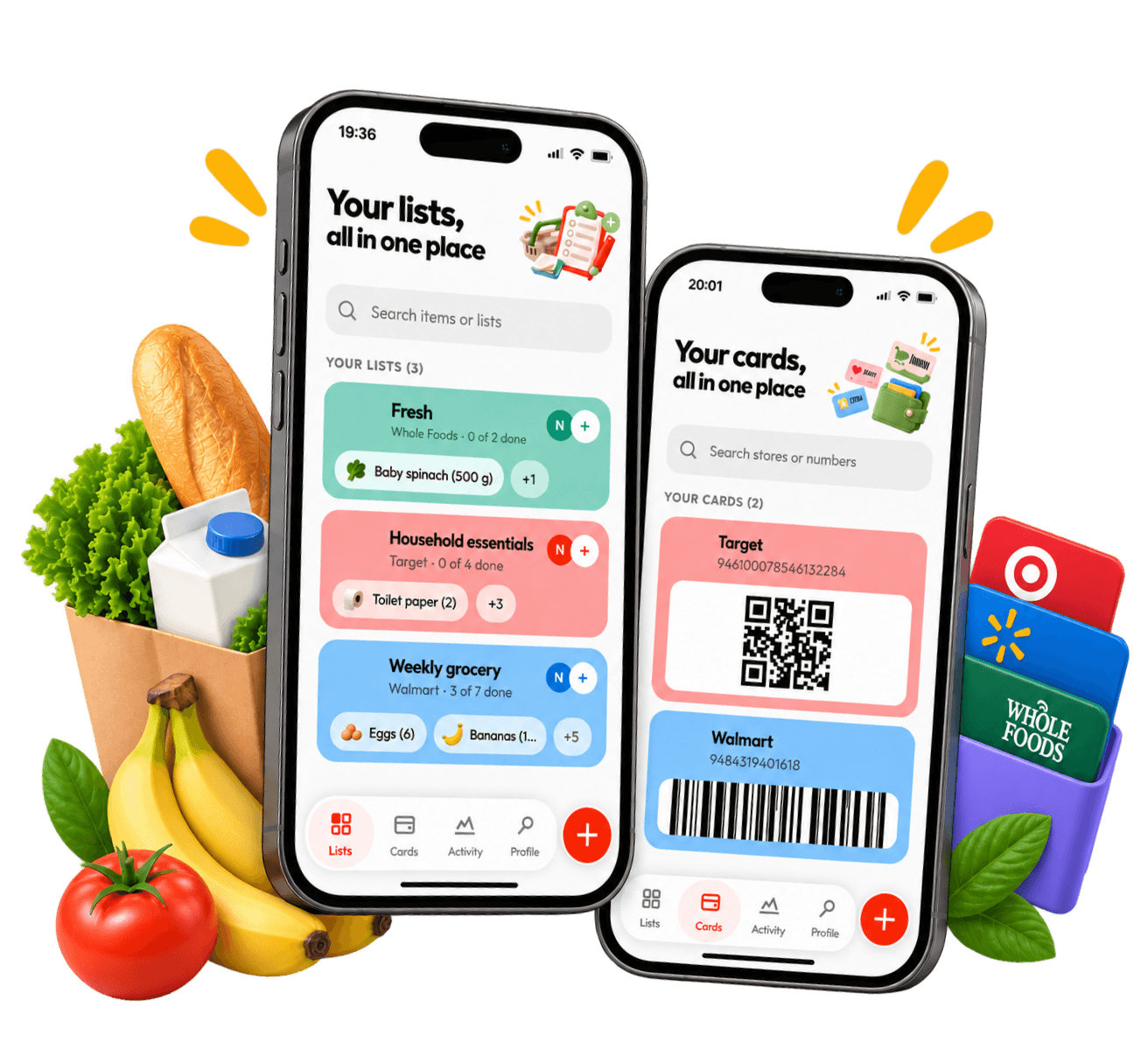 The ShopAir app on two iPhones: one showing three shopping lists for Whole Foods, Target and Walmart, the other showing the loyalty card wallet with a Target QR code and a Walmart barcode. A paper bag of groceries stands on one side and a fan of store loyalty cards on the other.