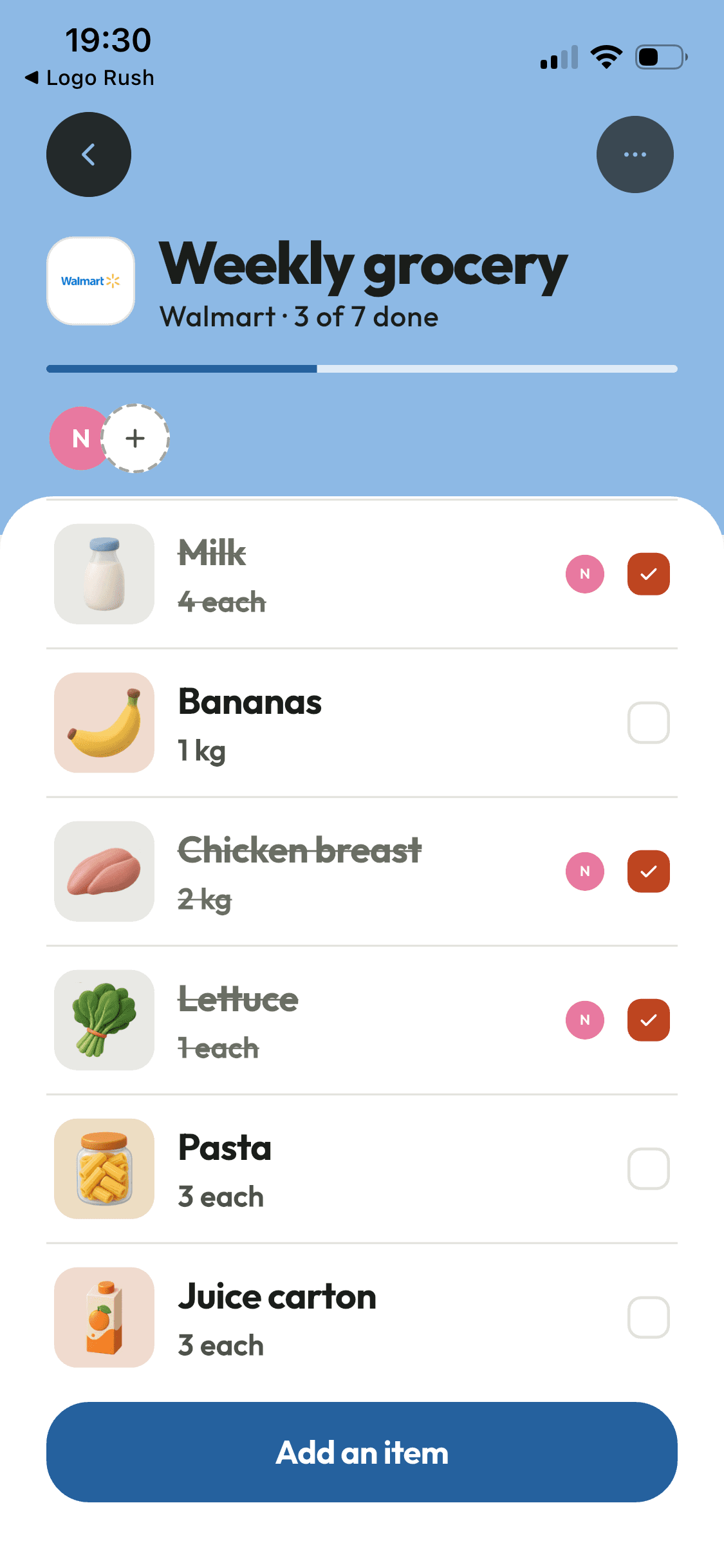A shared Walmart list with three of seven items ticked off. Milk, chicken breast and lettuce are struck through, each marked with the initial of the person who ticked it.