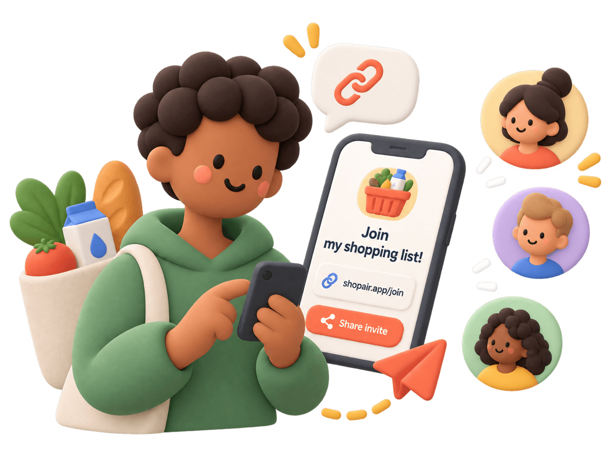A person holding a bag of groceries shares a join link for their shopping list with three other people.