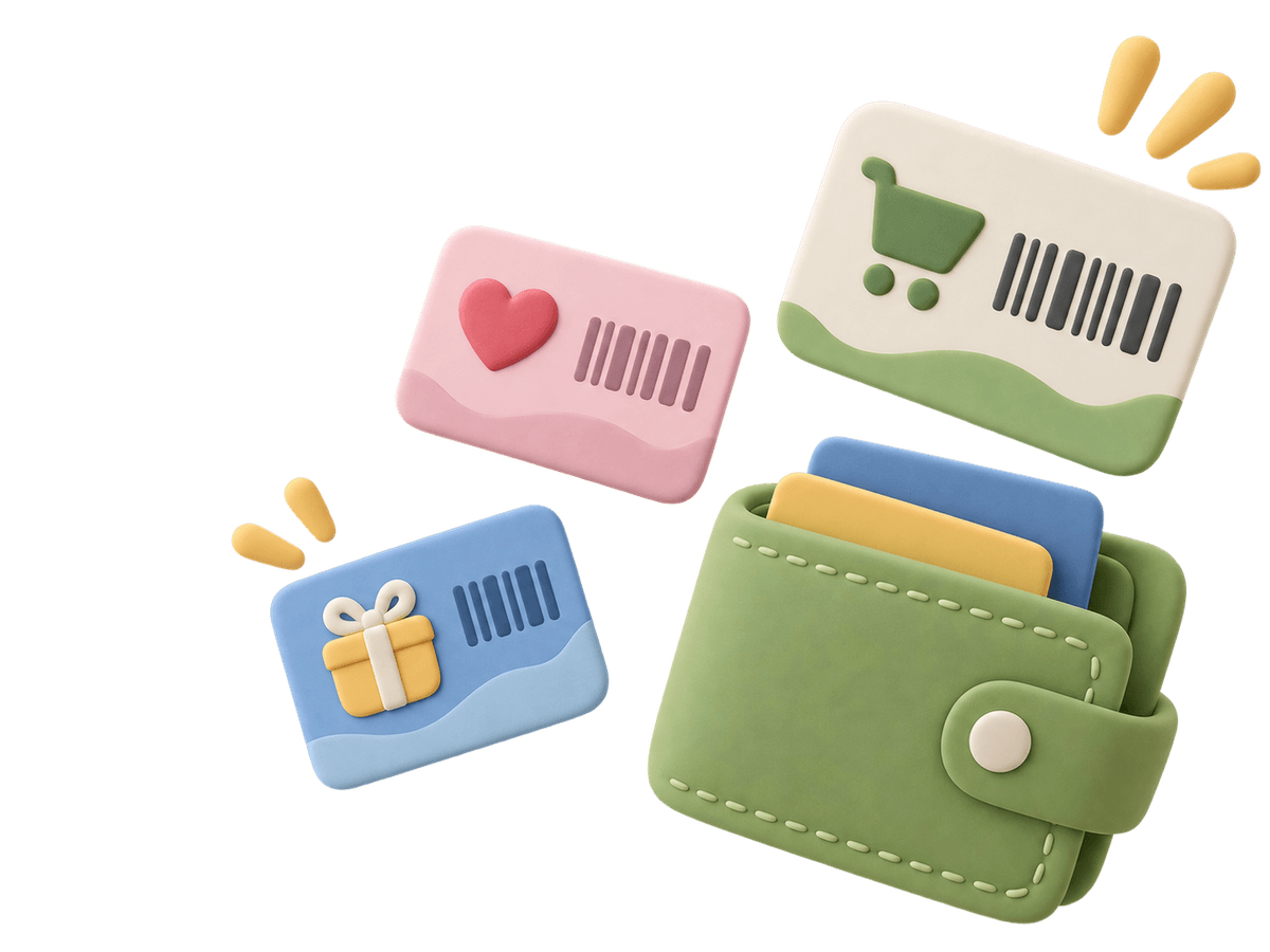 A wallet holding several loyalty cards, each with a barcode.