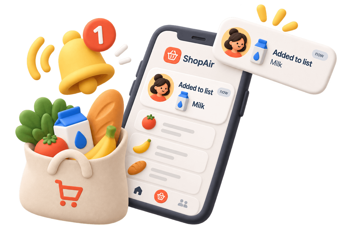 A phone showing notifications that an item was checked off and a shopping list was completed.