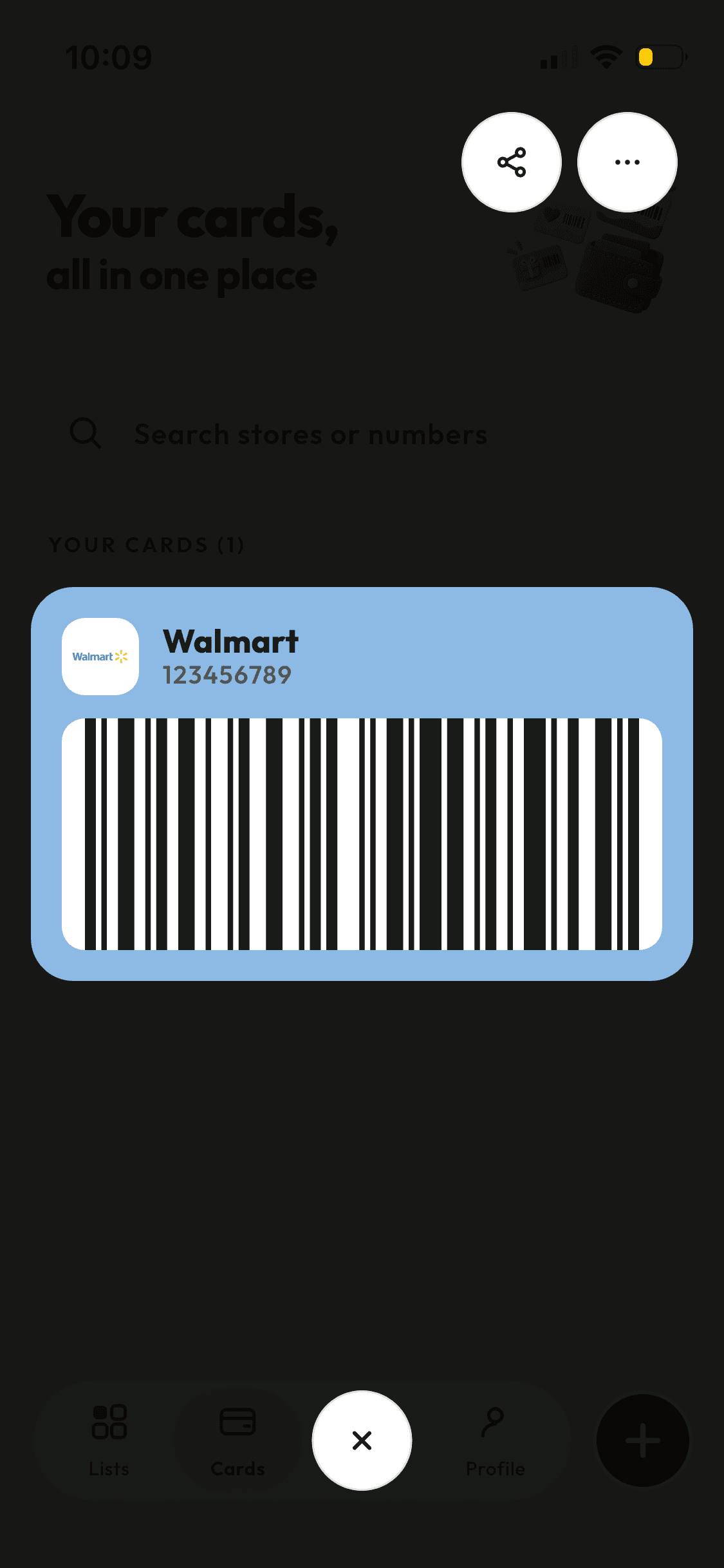 A Walmart loyalty card open full screen in ShopAir, its barcode filling the card for the checkout scanner.