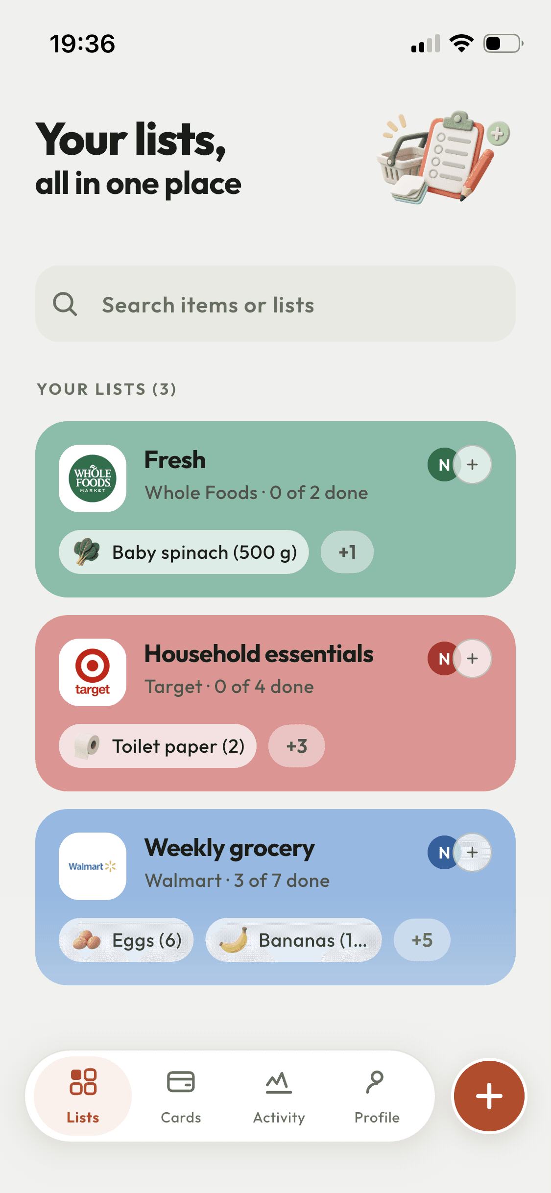 The ShopAir lists screen on an iPhone, showing three shopping lists: Fresh at Whole Foods, Household essentials at Target, and Weekly grocery at Walmart with three of seven items done.