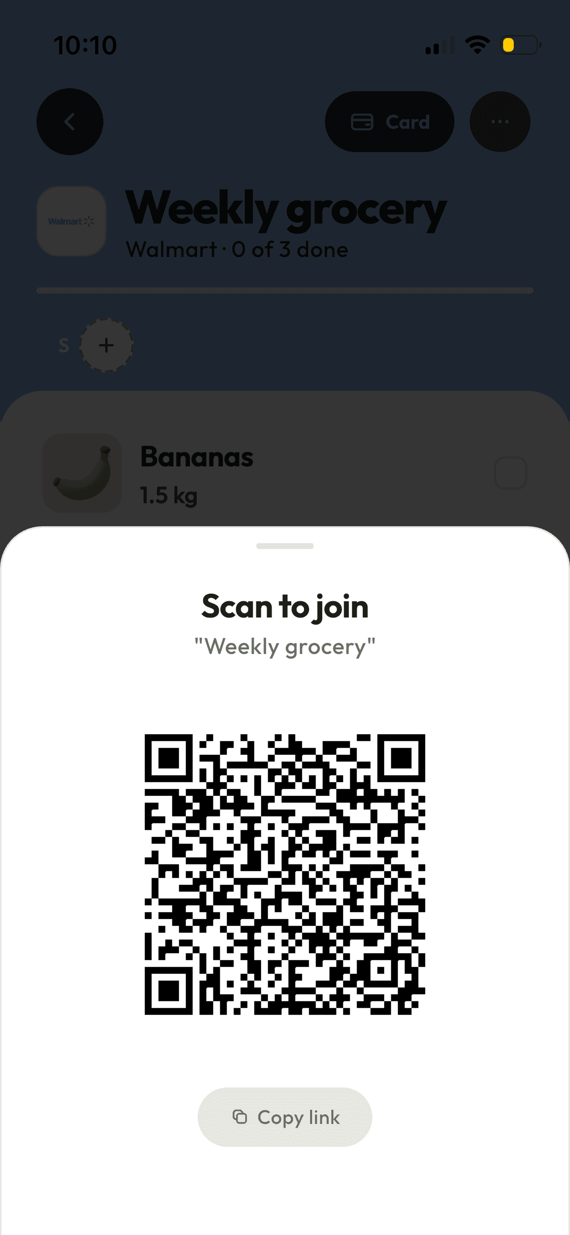 The ShopAir share sheet for a list called Weekly grocery, showing a QR code to scan and a Copy link button.
