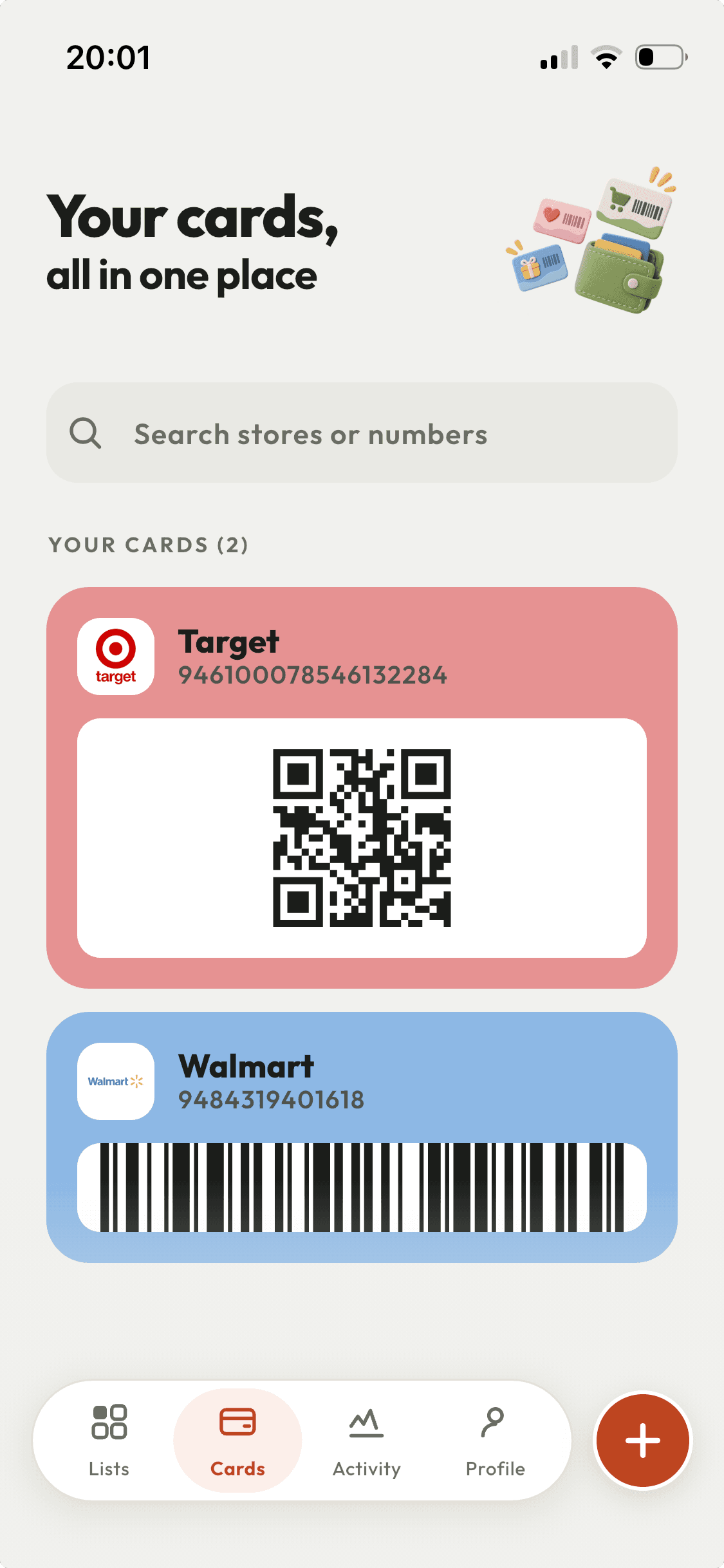 The ShopAir card wallet holding a Target loyalty card shown as a QR code and a Walmart card shown as a barcode.